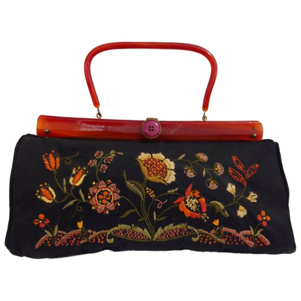 Vintage Embroidered Handbag with Lucite Handle